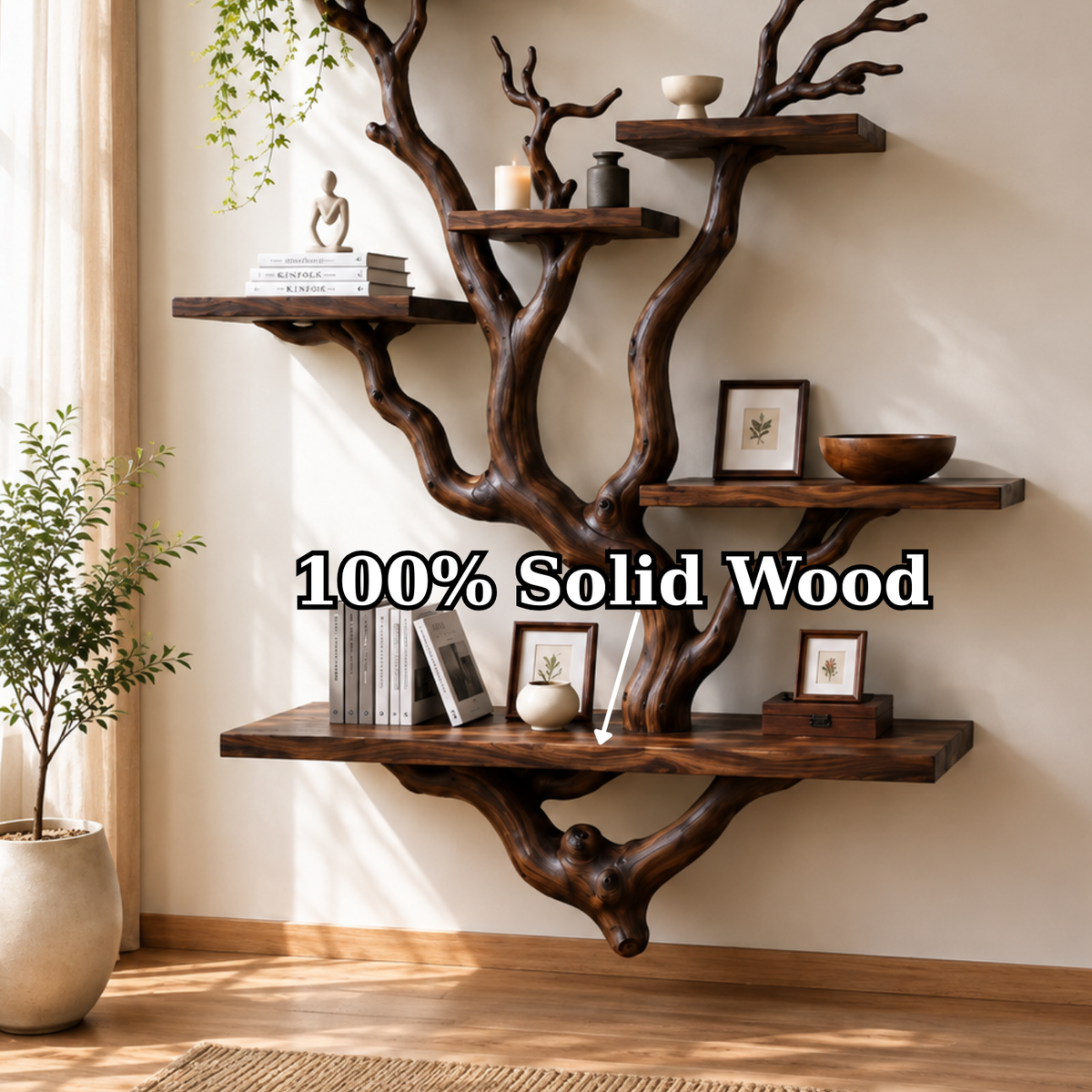 Handcrafted Solid Wood Tree Bookshelf with Sculptural Branch Shelves