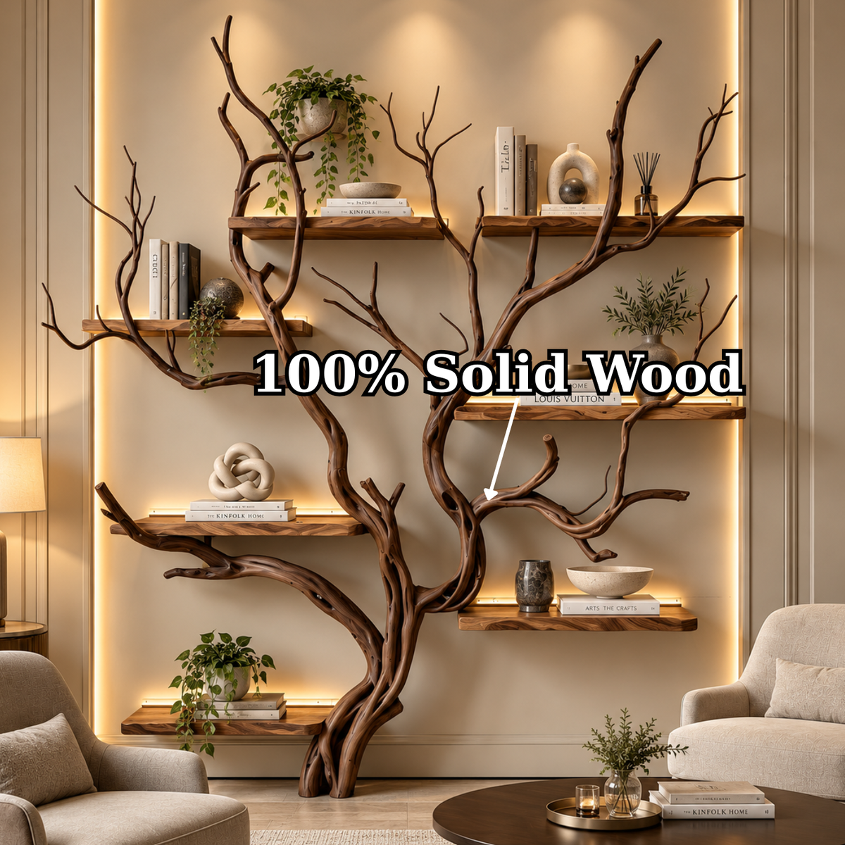 Handcrafted Solid Wood Tree Bookshelf with Elegant Branch Shelves