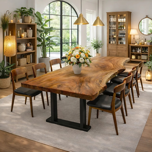 Modern Artful Live Edge Wood Dining Table with Minimal Metal Base
