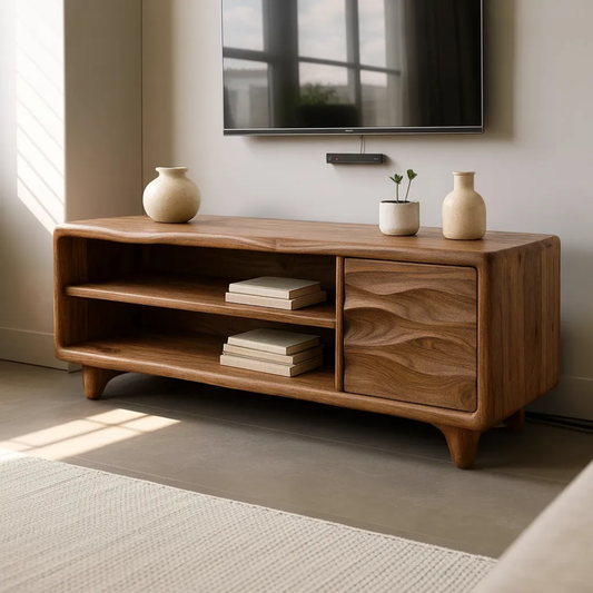 Modern Solid Wood TV Stand with Open Shelves and Wave Grain Cabinet Door Kitchnce