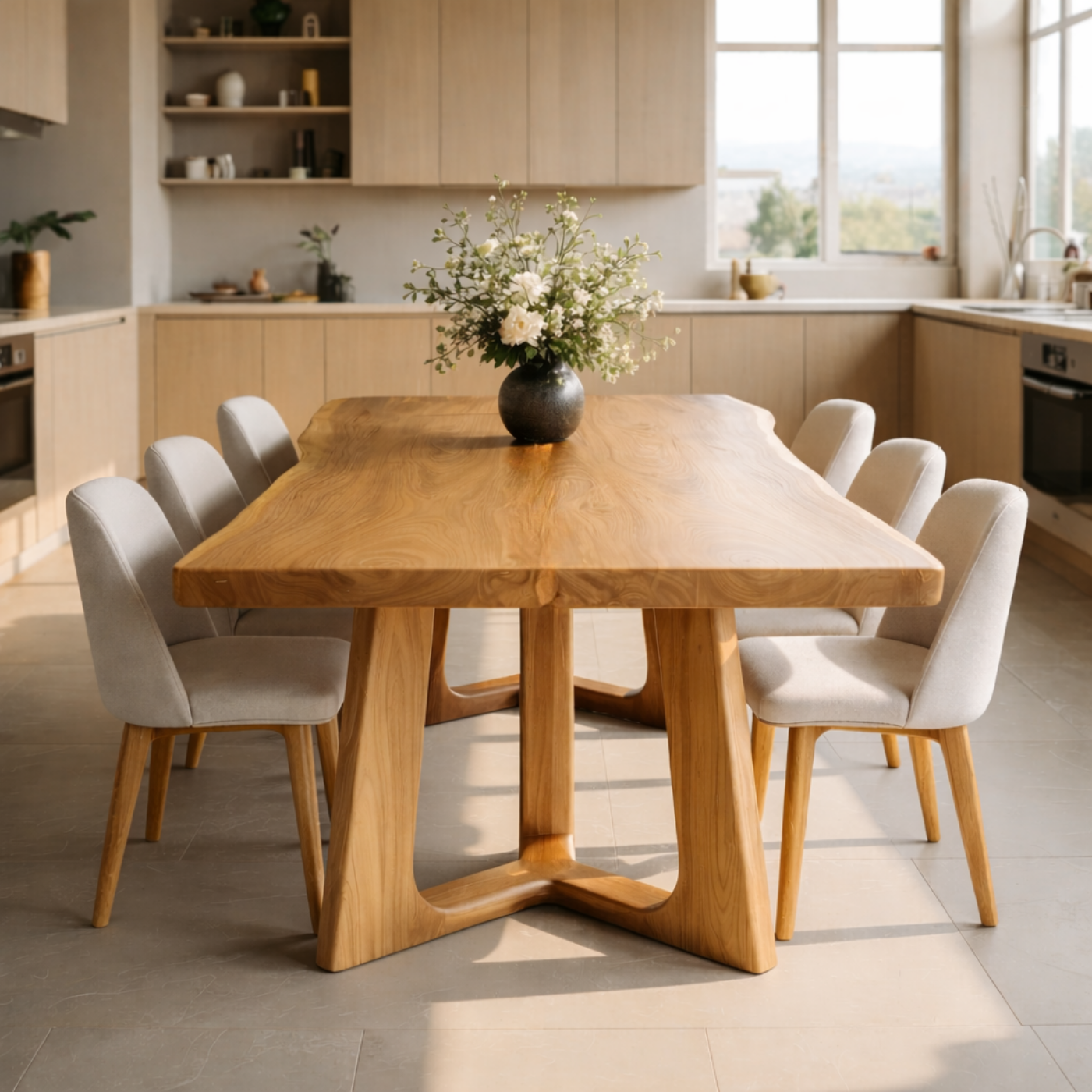 Organic Solid Wood Dining Table with Sculptural Pedestal Base