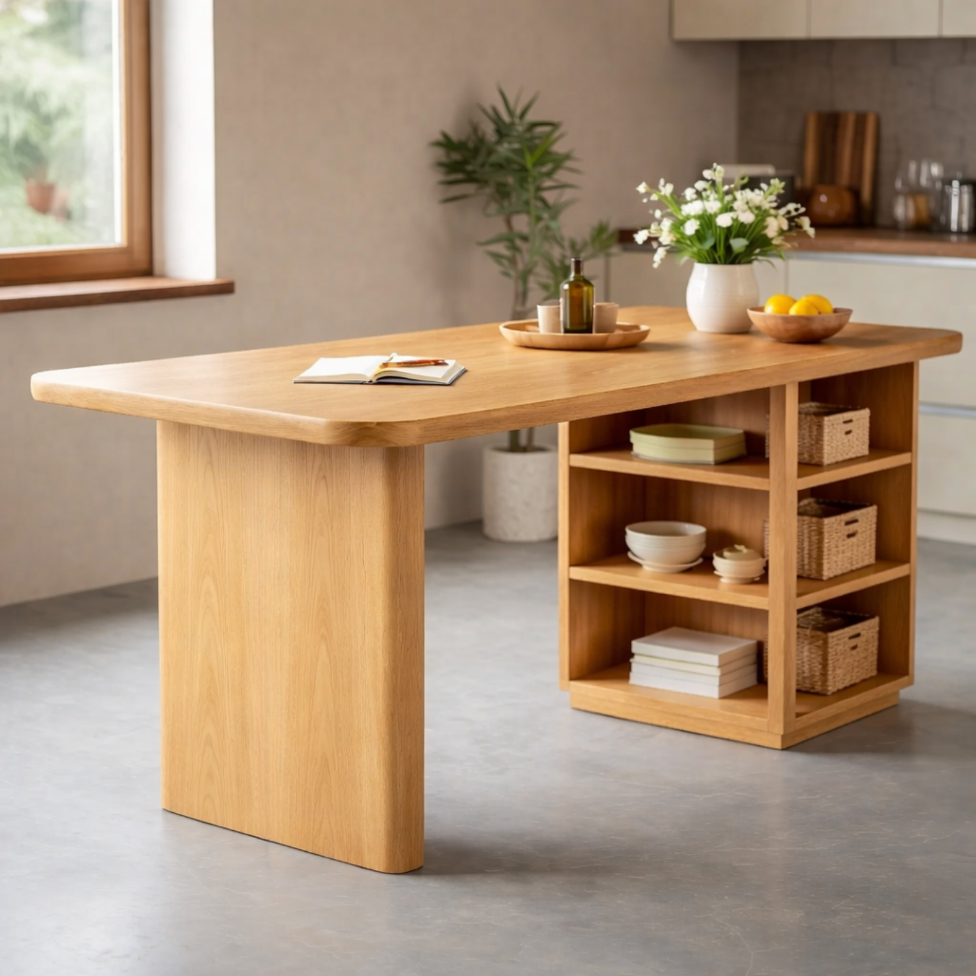 Modern Solid Wood Kitchen Island with Integrated Storage Shelves