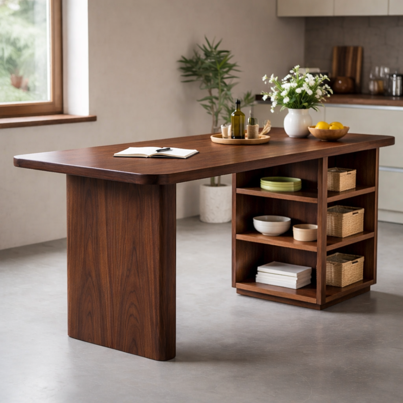 Modern Solid Wood Kitchen Island with Integrated Storage Shelves
