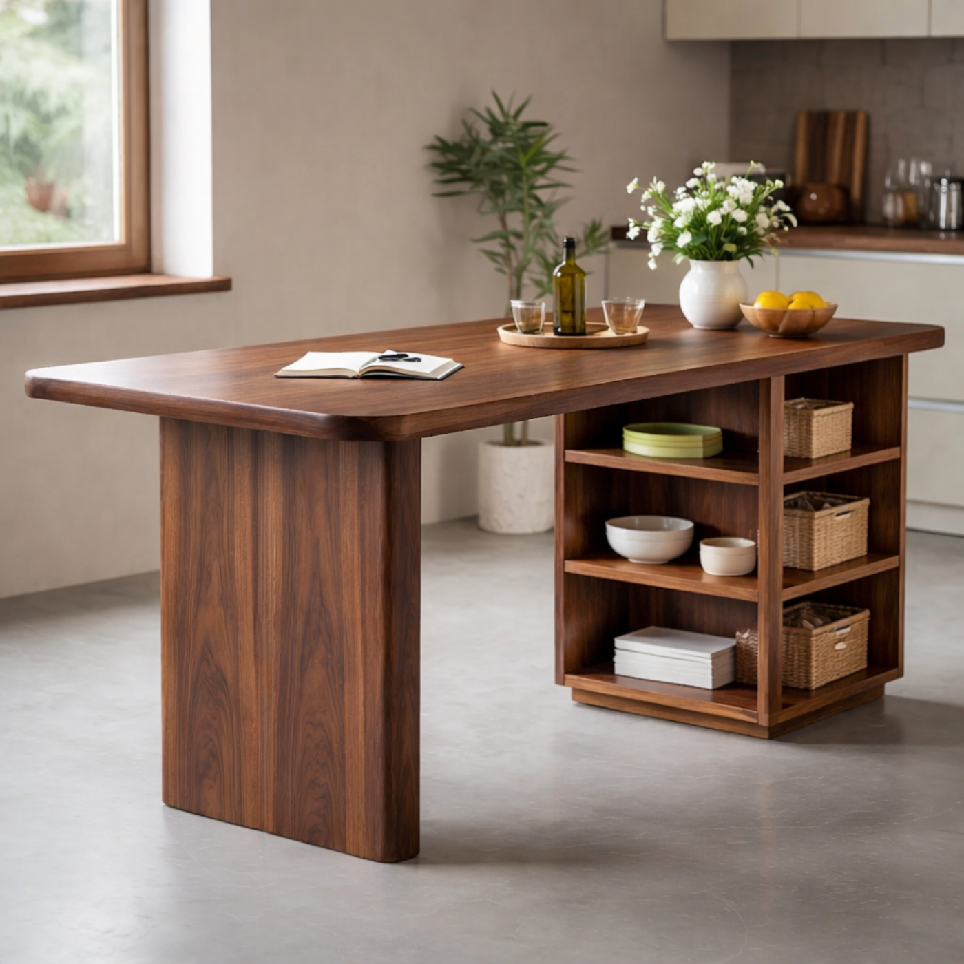 Modern Solid Wood Kitchen Island with Integrated Storage Shelves