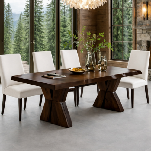 Solid Wood Dining Table with Sculptural Pedestal Base – Rustic Modern Dining Table