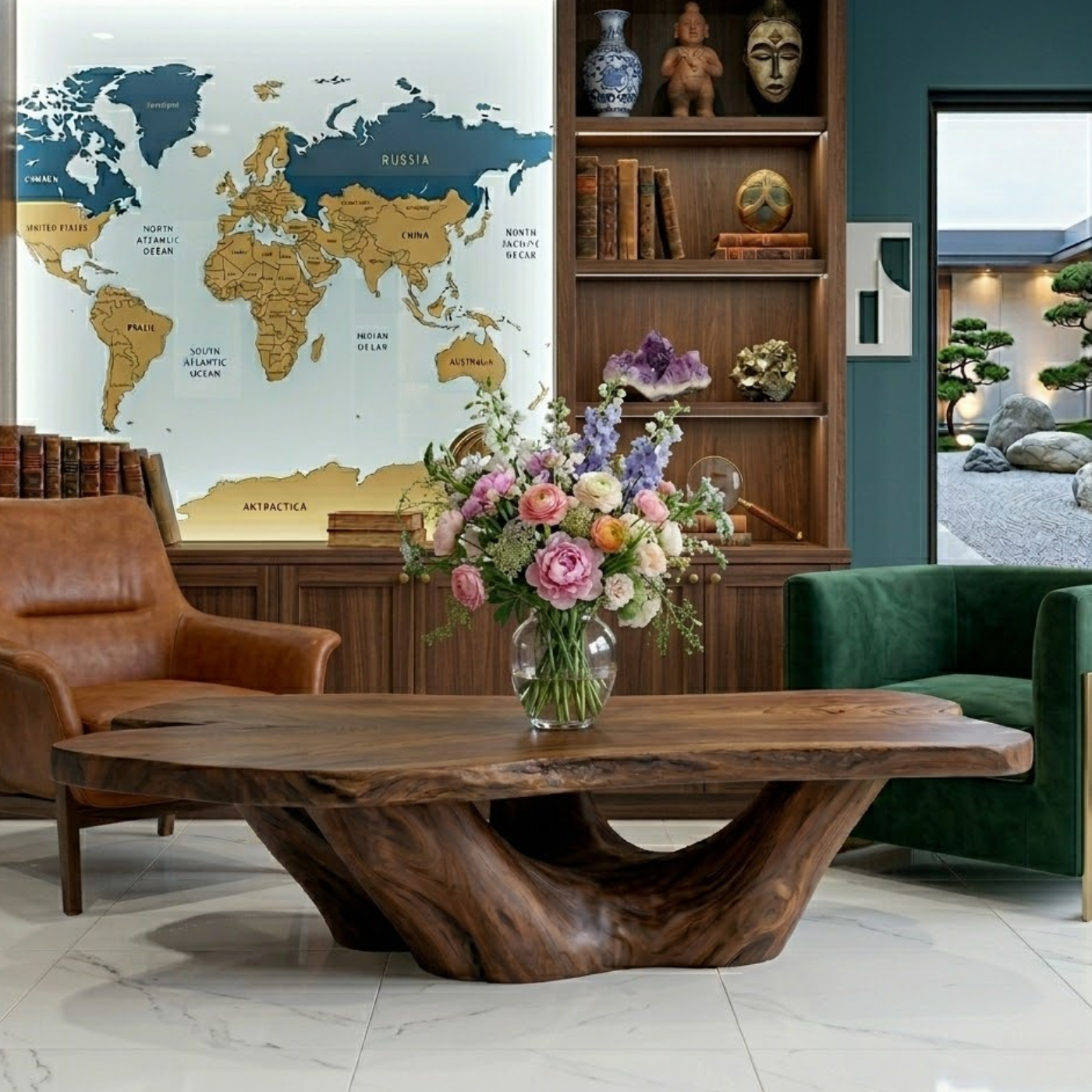 Solid Wood Live Edge Coffee Table with Sculptural Base – Rustic Organic Living Room Table