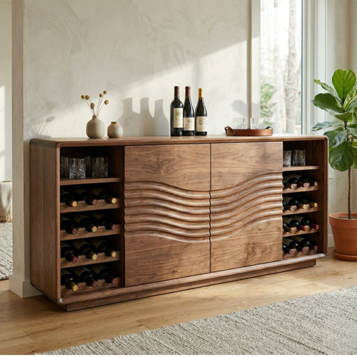 Solid Wood Wine Cabinet with Wave Front Doors and Built-in Bottle Storage