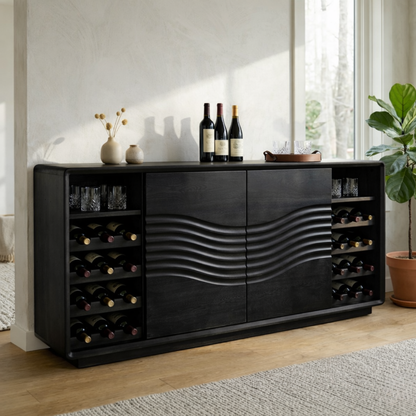 Solid Wood Wine Cabinet with Wave Front Doors and Built-in Bottle Storage
