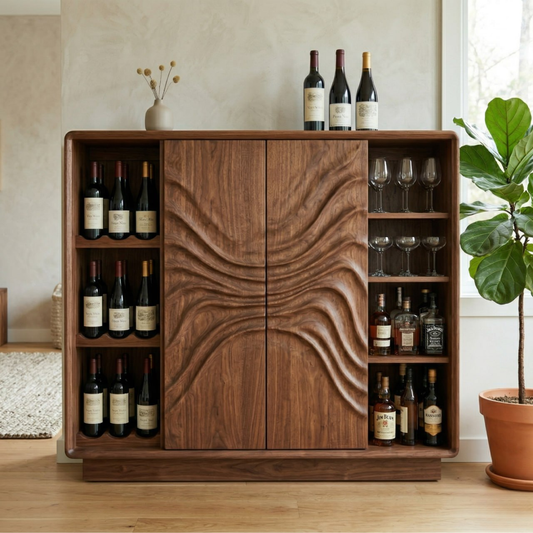 Solid Wood Wine Cabinet with Sculptural Wave Doors and Glass & Bottle Storage