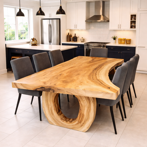 Handcrafted Solid Wood Dining Table with Live Edge Top and Sculptural Loop Base