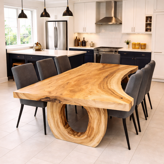 Handcrafted Solid Wood Dining Table with Live Edge Top and Sculptural Loop Base