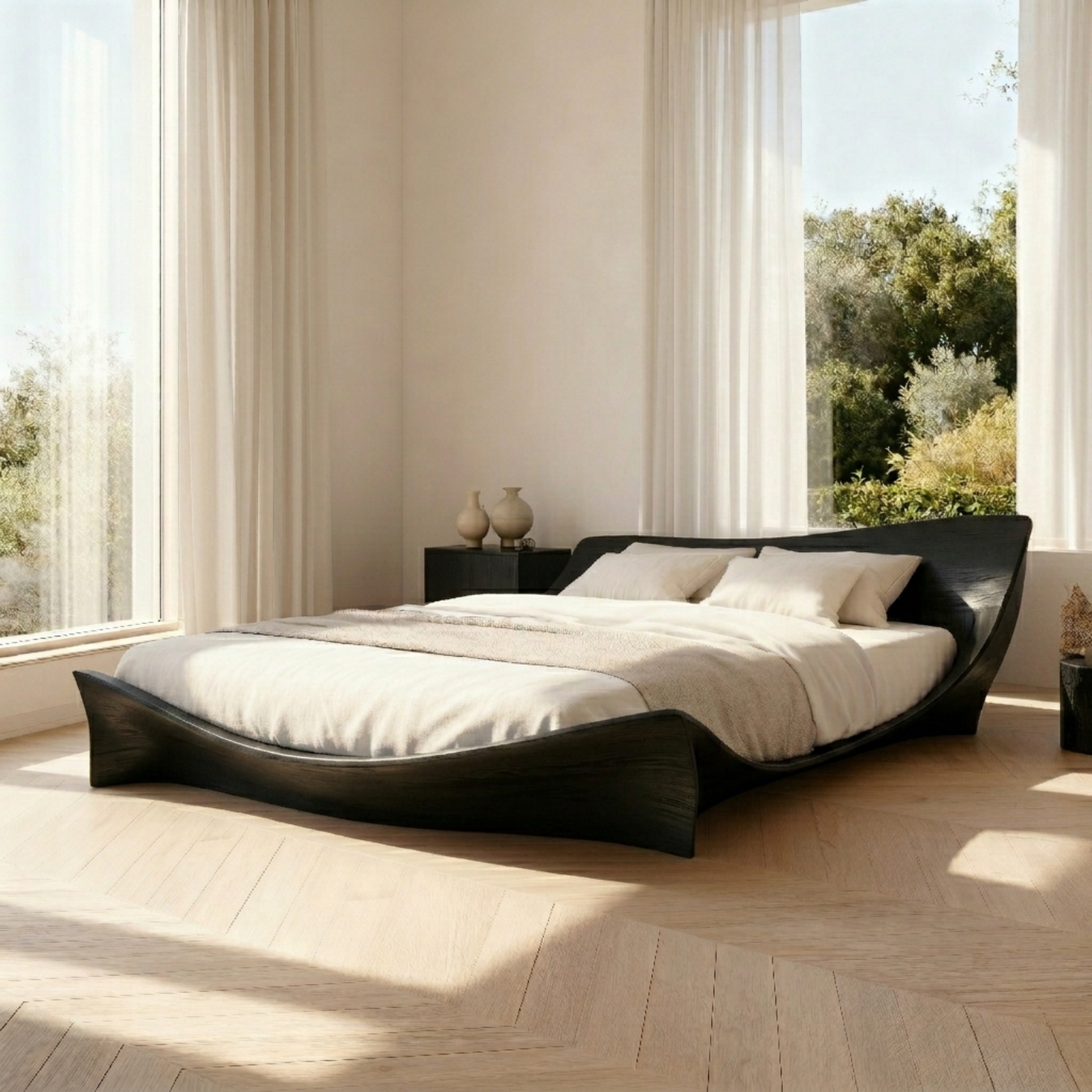 Solid Wood Platform Bed with Sculptural Curved Frame