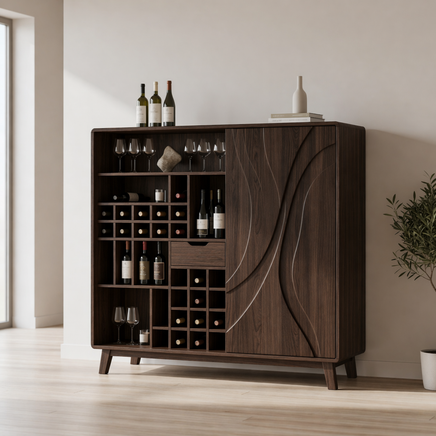 Solid Wood Wine Cabinet with Curved Carved Door and Multi Bottle Storage