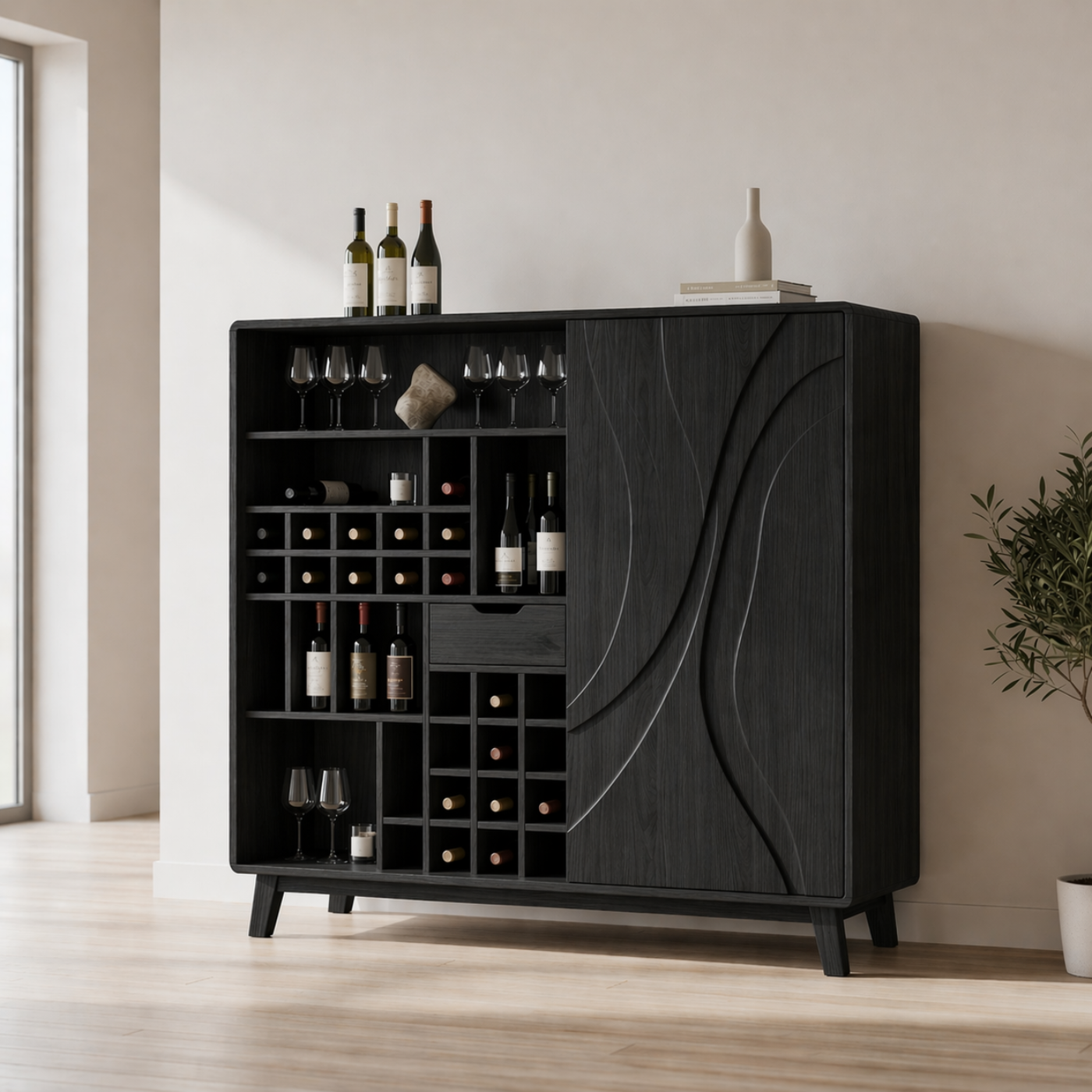 Solid Wood Wine Cabinet with Curved Carved Door and Multi Bottle Storage