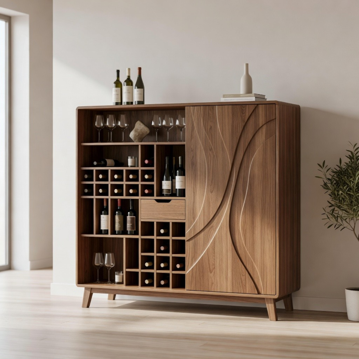 Solid Wood Wine Cabinet with Curved Carved Door and Multi Bottle Storage