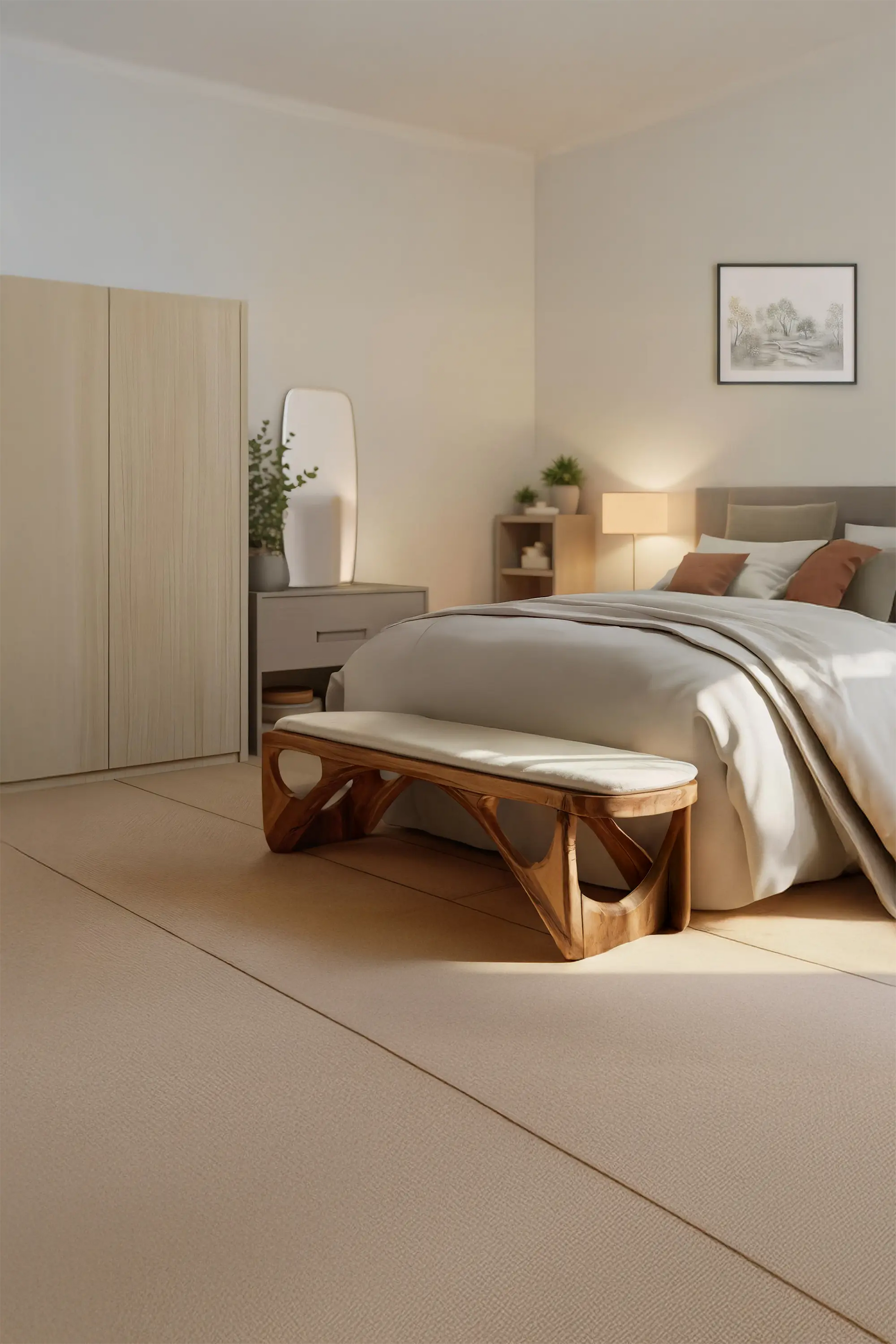 Minimalist Curved Wood Bench For End-of-Bed Design Kitchnce