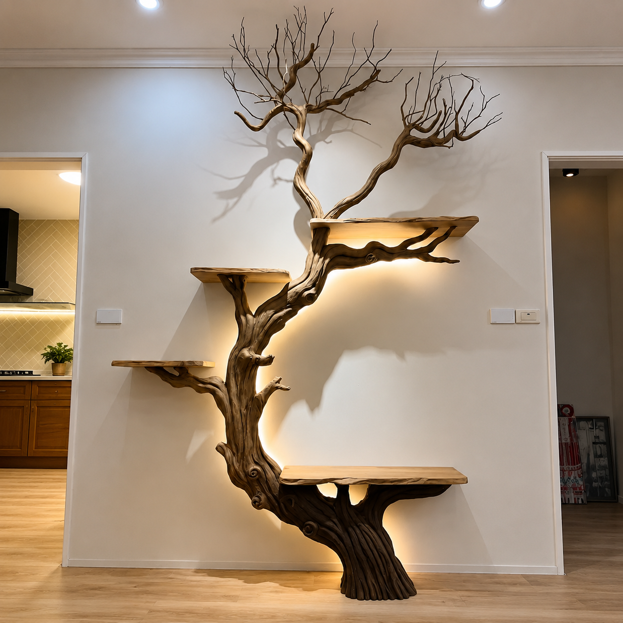 Handcrafted Solid Wood Tree Wall Shelf with Twisted Branch Design
