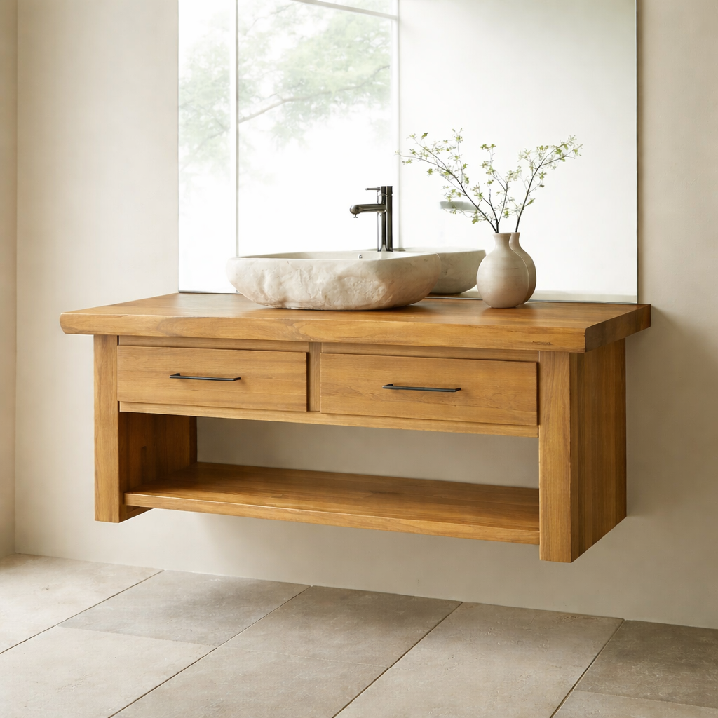 Floating Solid Wood Bathroom Vanity with Storage Shelf