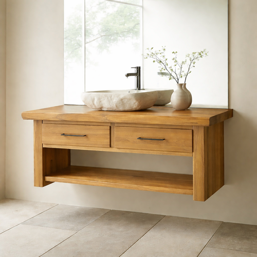 Floating Solid Wood Bathroom Vanity with Storage Shelf Kitchnce