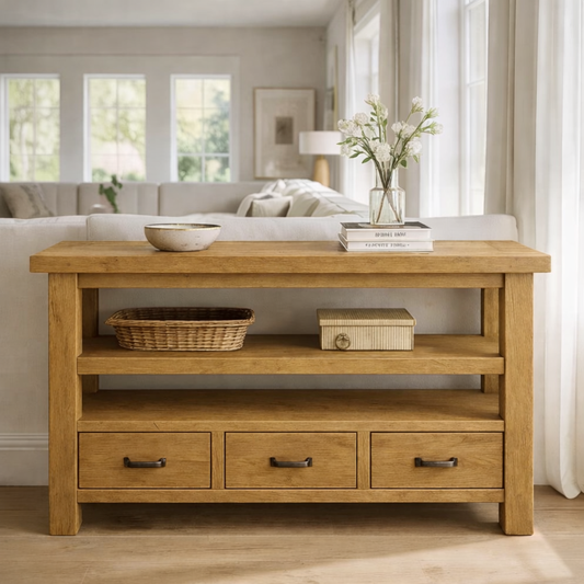 Solid Wood Console Table with Drawers and Open Shelf Kitchnce