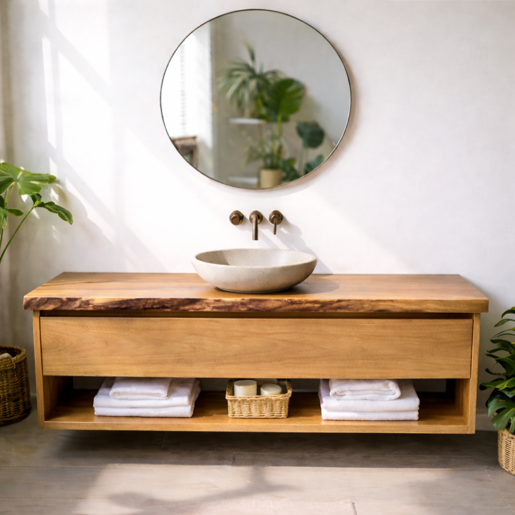 Floating Solid Wood Bathroom Vanity with Drawer and Open Shelf, Wall Mounted Wood Vanity