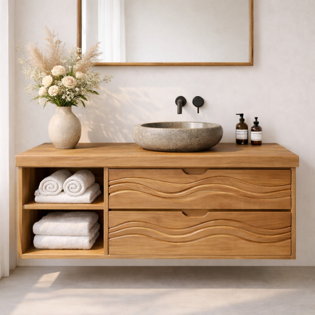 Floating Solid Wood Bathroom Vanity with Wave Drawer Front, Wall Mounted Wood Vanity with Open Shelf