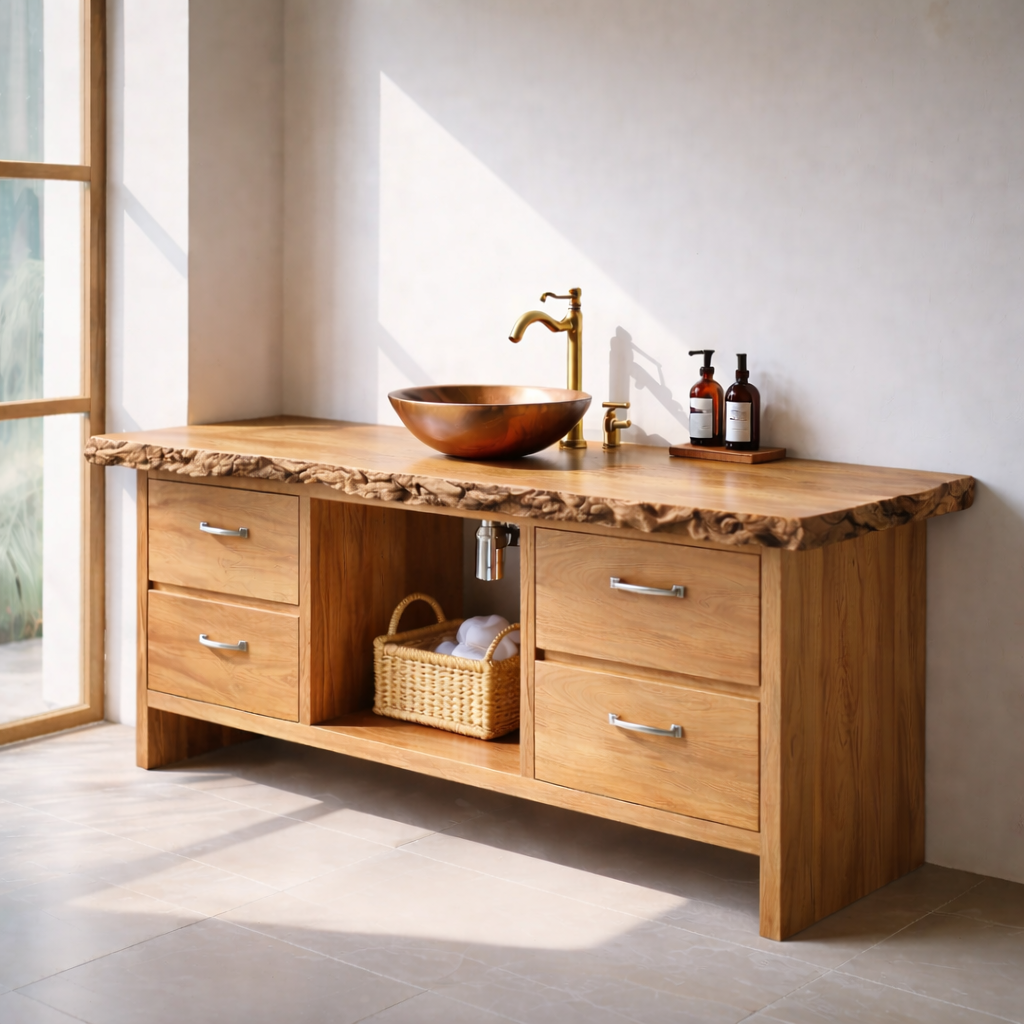 Rustic Solid Wood Bathroom Vanity with Live Edge Countertop Kitchnce