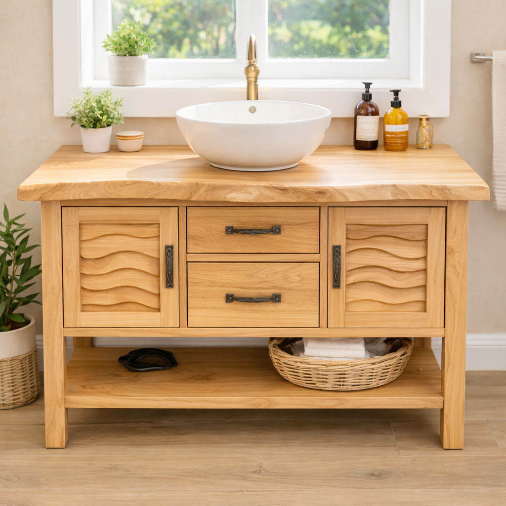 Solid Wood Bathroom Vanity with Sculpted Wave Doors and Open Shelf Kitchnce