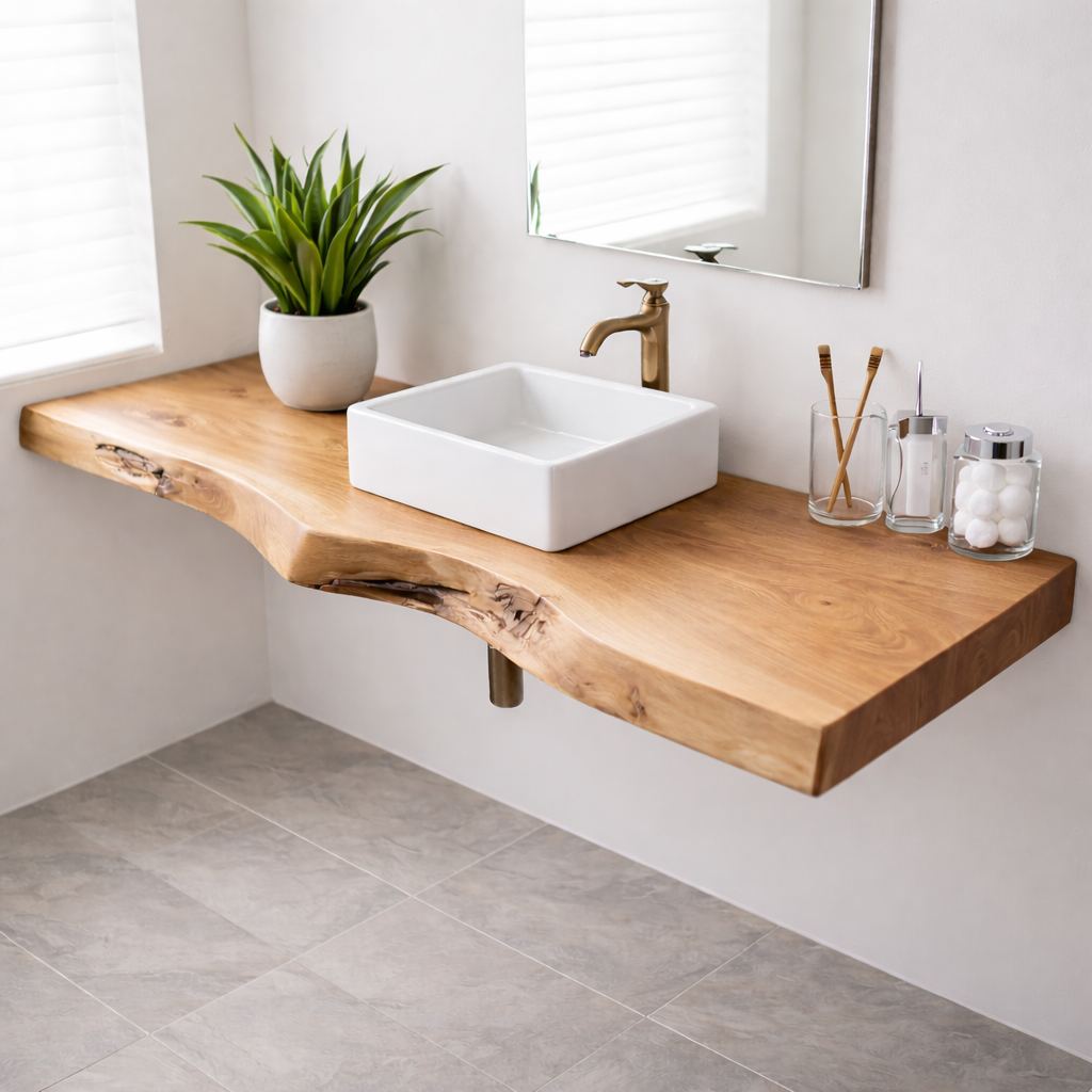 Floating Live Edge Solid Wood Bathroom Shelf Wall Mounted Natural Wood Vanity Top Kitchnce