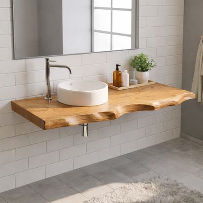 Floating Live Edge Solid Wood Bathroom Vanity Top – Rustic Wall Mounted Wood Countertop Kitchnce