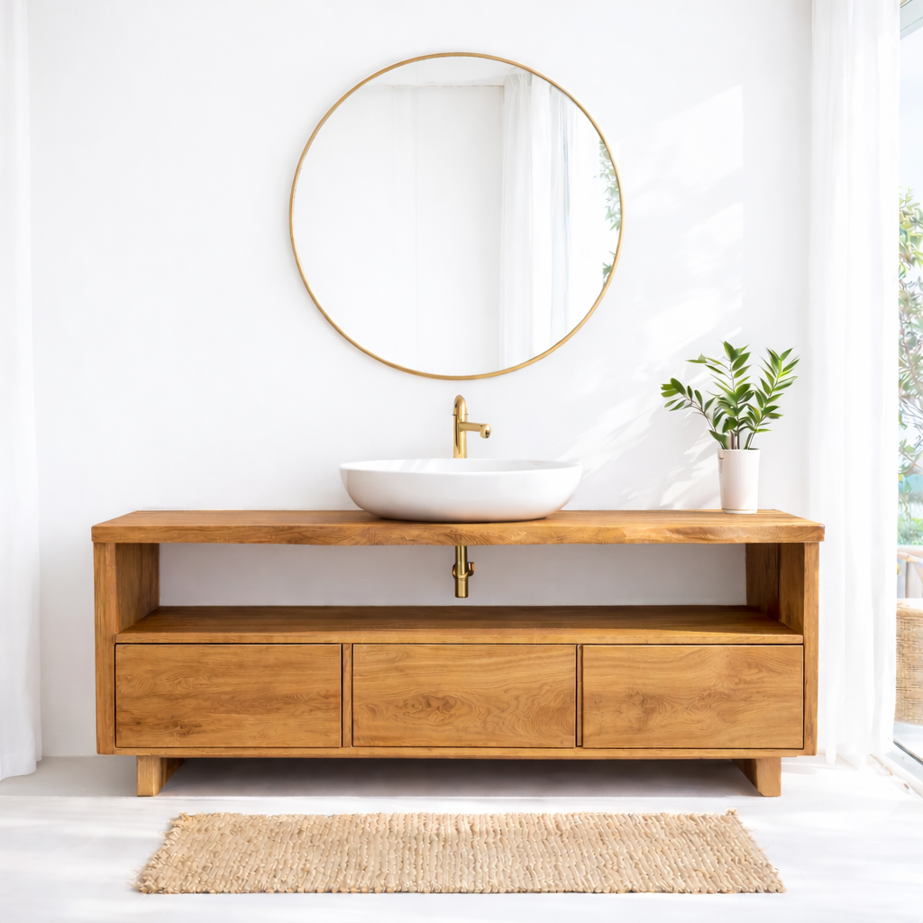 Solid Wood Bathroom Vanity with Open Shelf and Three Drawers – Rustic Freestanding Wood Vanity Cabinet Kitchnce