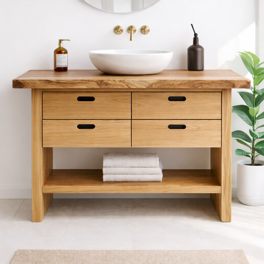 Solid Wood Bathroom Vanity Cabinet with Live Edge Top, 4 Drawers and Open Storage Shelf Kitchnce
