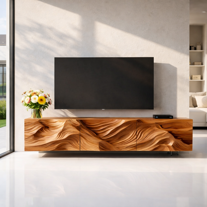 Modern Solid Wood TV Stand with Artistic Carved Front – Walnut Media Console Cabinet Kitchnce