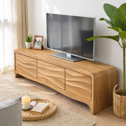 Solid Wood TV Stand with Wave Front Drawers for Modern Living Spaces Kitchnce