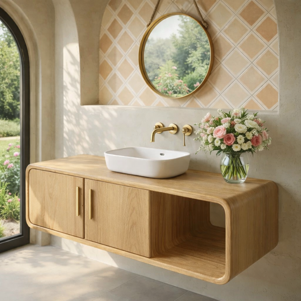 Floating Solid Wood Bathroom Vanity with Cabinet Doors and Open Shelf for Elegant Bathrooms Kitchnce