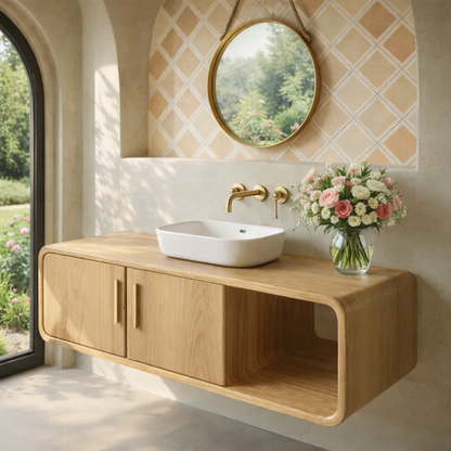 Floating Solid Wood Bathroom Vanity with Cabinet Doors and Open Shelf for Elegant Bathrooms Kitchnce