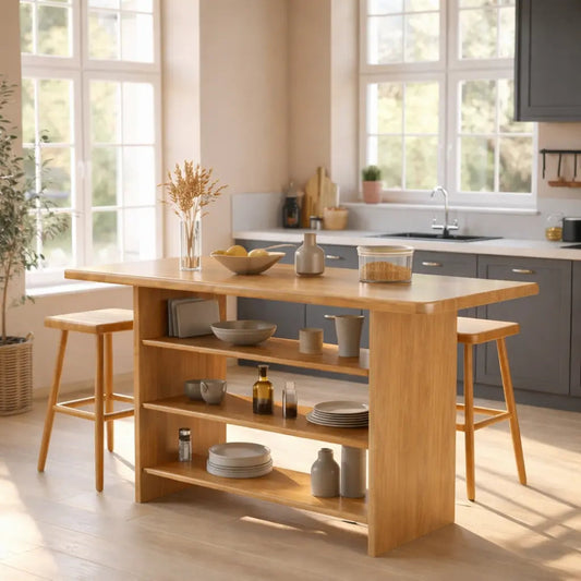 Solid Wood Kitchen Island with Open Storage Shelves and Kitchen Bar Table Kitchnce