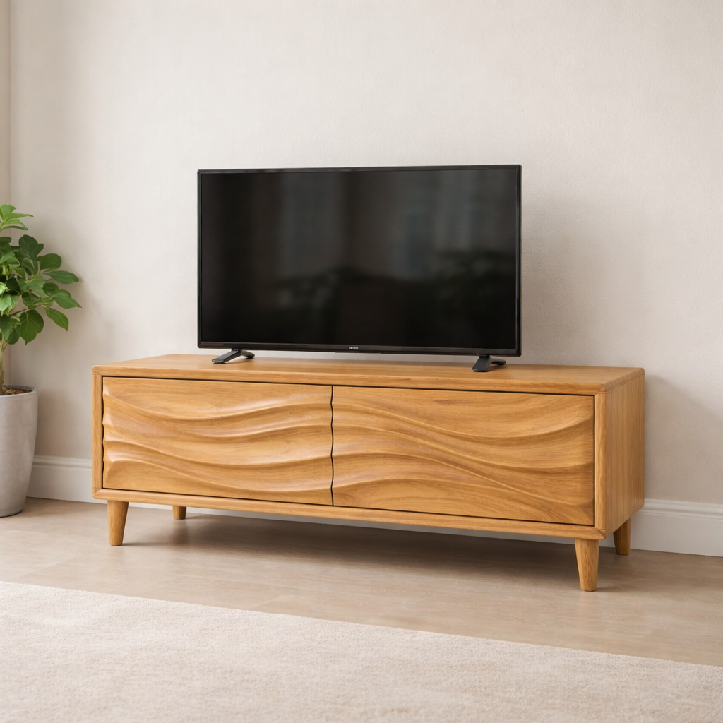 Solid Wood TV Stand for Modern Living Room with Wave Textured Front