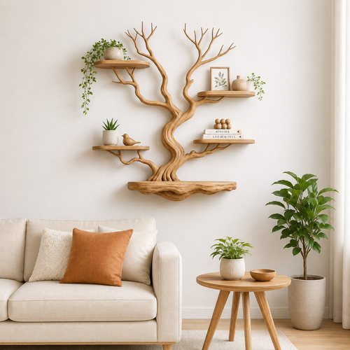Handcrafted Solid Wood Tree Wall Shelf with Floating Display Shelves