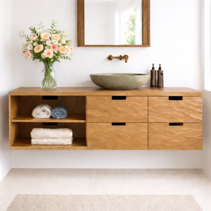 Floating Solid Wood Bathroom Vanity with Textured Drawer Fronts and Open Shelf – Modern Rustic Wall Mounted Vanity Kitchnce