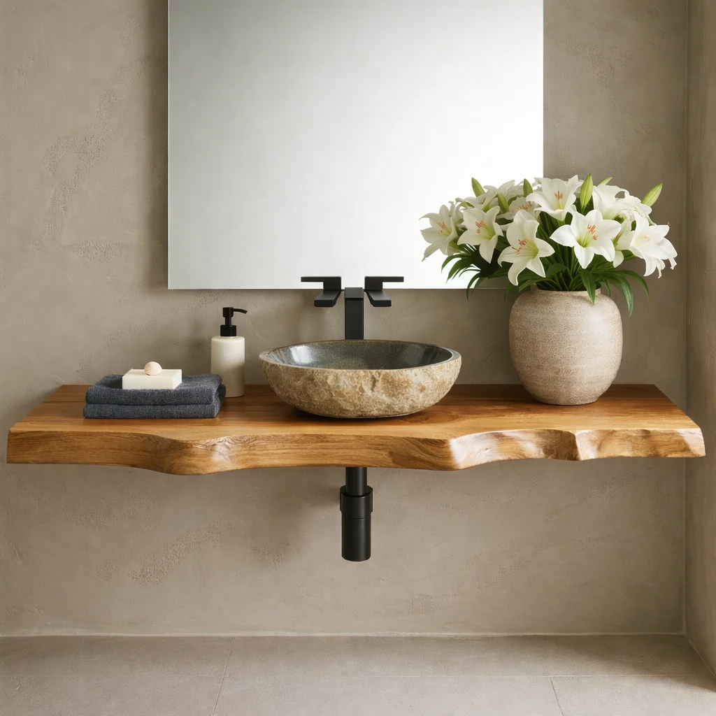 Floating Live Edge Solid Wood Bathroom Vanity Shelf – Natural Wood Slab Wall Mounted Countertop Kitchnce