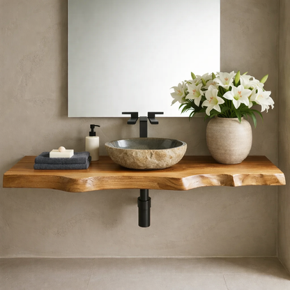 Floating Live Edge Solid Wood Bathroom Vanity Shelf – Natural Wood Slab Wall Mounted Countertop Kitchnce