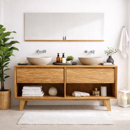Mid-Century Solid Wood Double Bathroom Vanity with Sculpted Wave Drawer Fronts and Open Storage Kitchnce