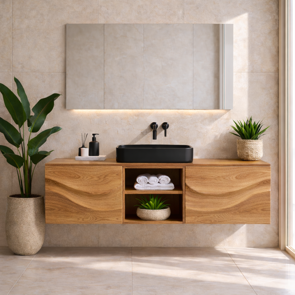 Floating Walnut Bathroom Vanity, Wall Mounted Wood Vanity Cabinet with Open Shelf