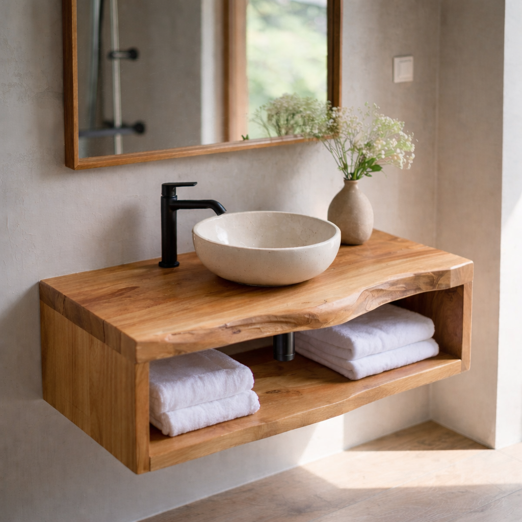Live Edge Floating Bathroom Vanity, Solid Wood Wall Mounted Vanity Shelf with Storage Kitchnce