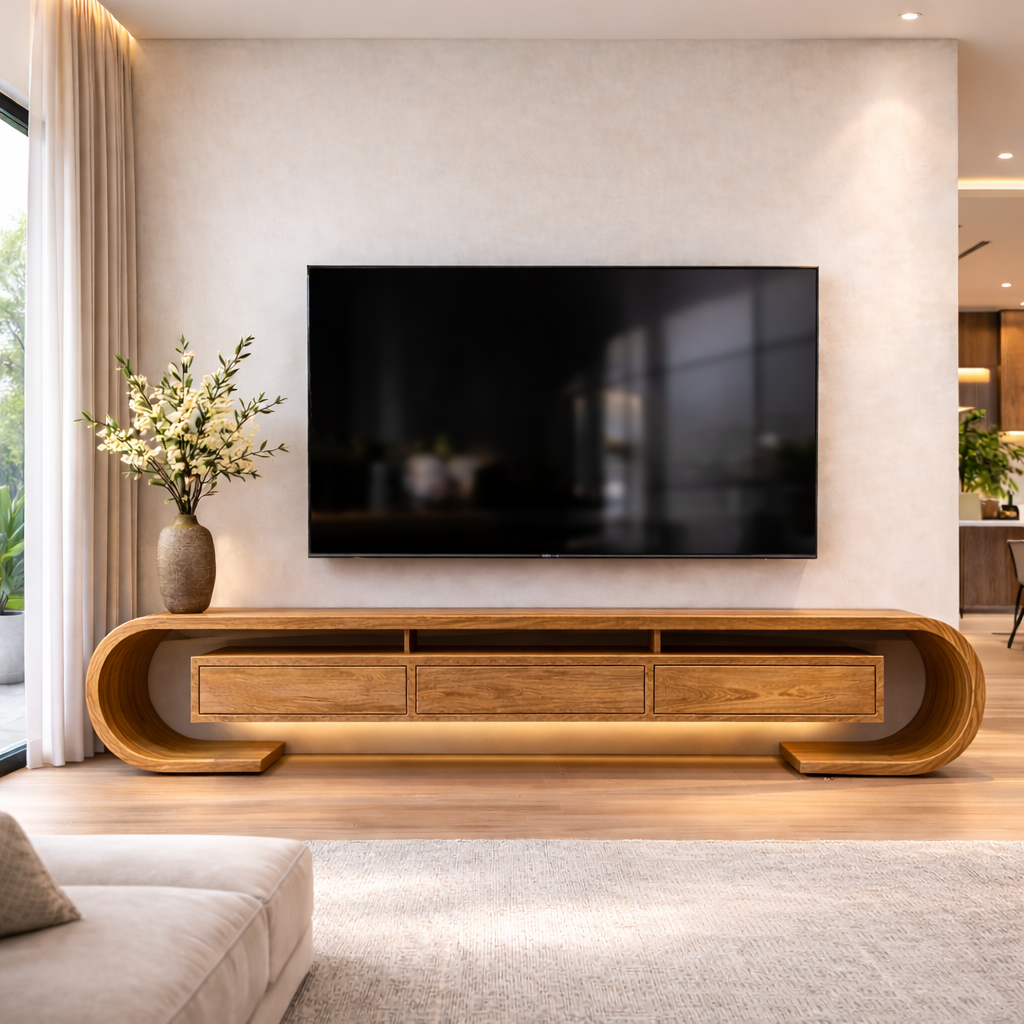 Modern Curved Solid Wood TV Stand – Walnut Floating Media Console with Drawers Kitchnce