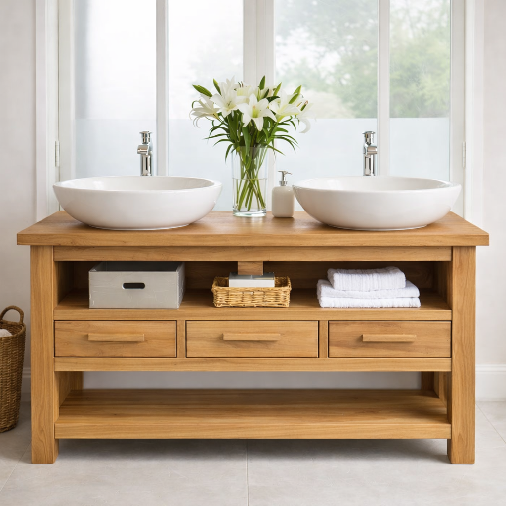 Solid Oak Double Bathroom Vanity with Storage for Spacious Bathrooms