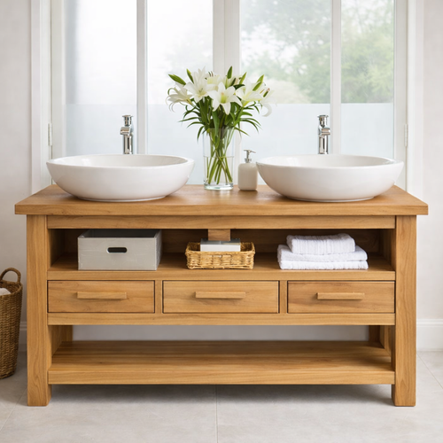 Solid Oak Double Bathroom Vanity with Storage for Spacious Bathrooms Kitchnce