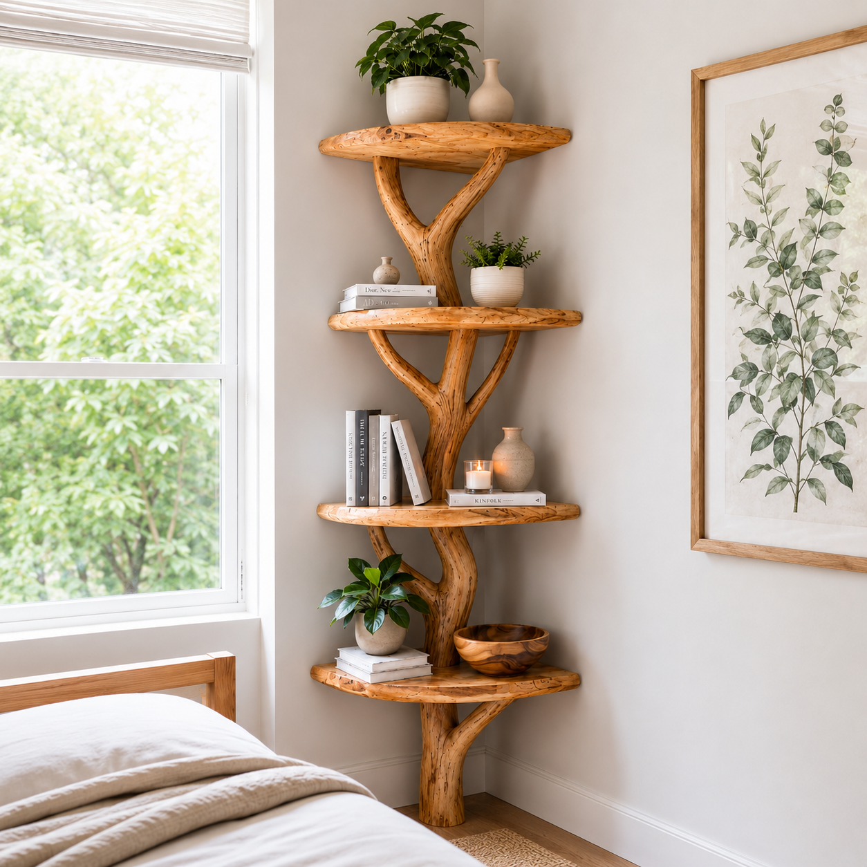 Handcrafted Solid Wood Tree Corner Shelf with Twisted Branch Design