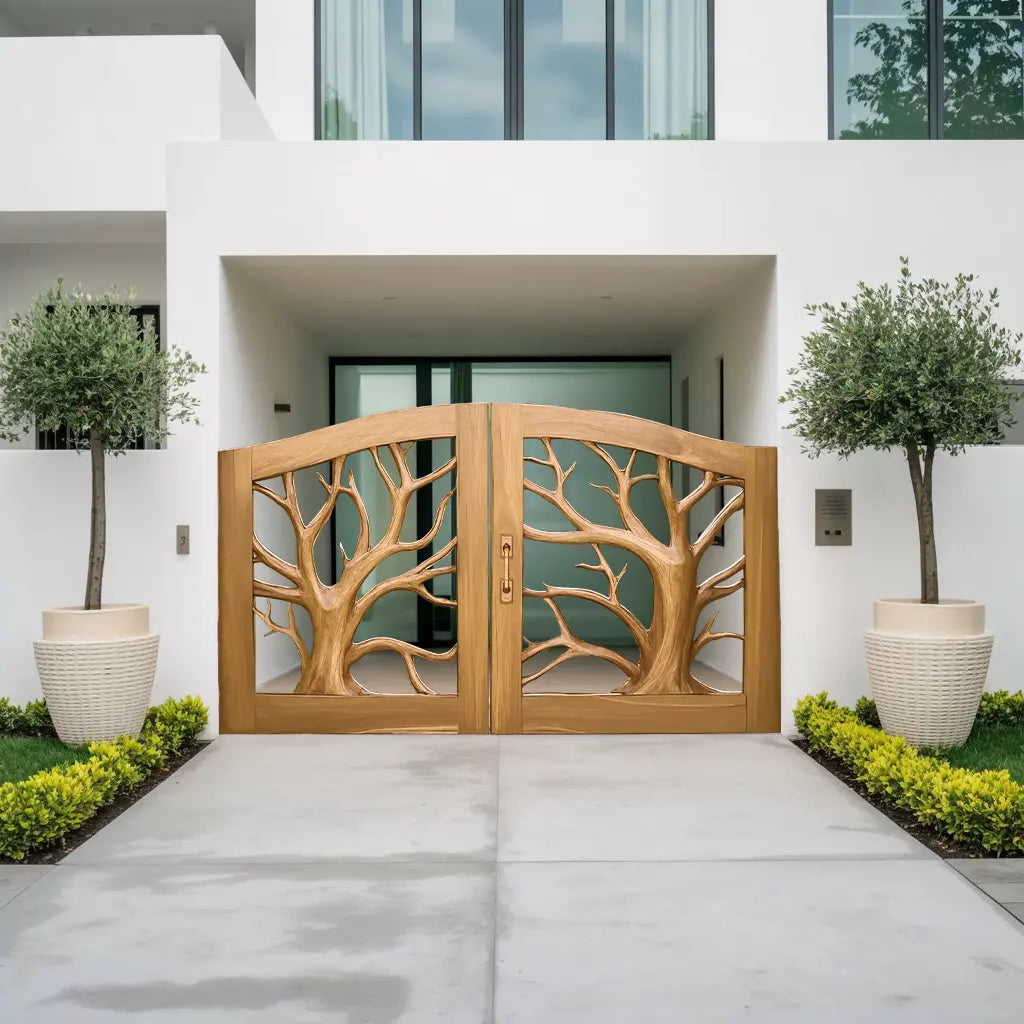 Rustic Tree Carved Entrance Gate For Garden Driveway Kitchnce